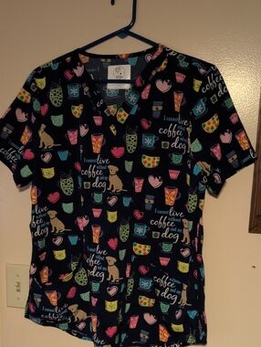 Cherokee Navy Scrub Top with Bright Coffee & Dog Motifs